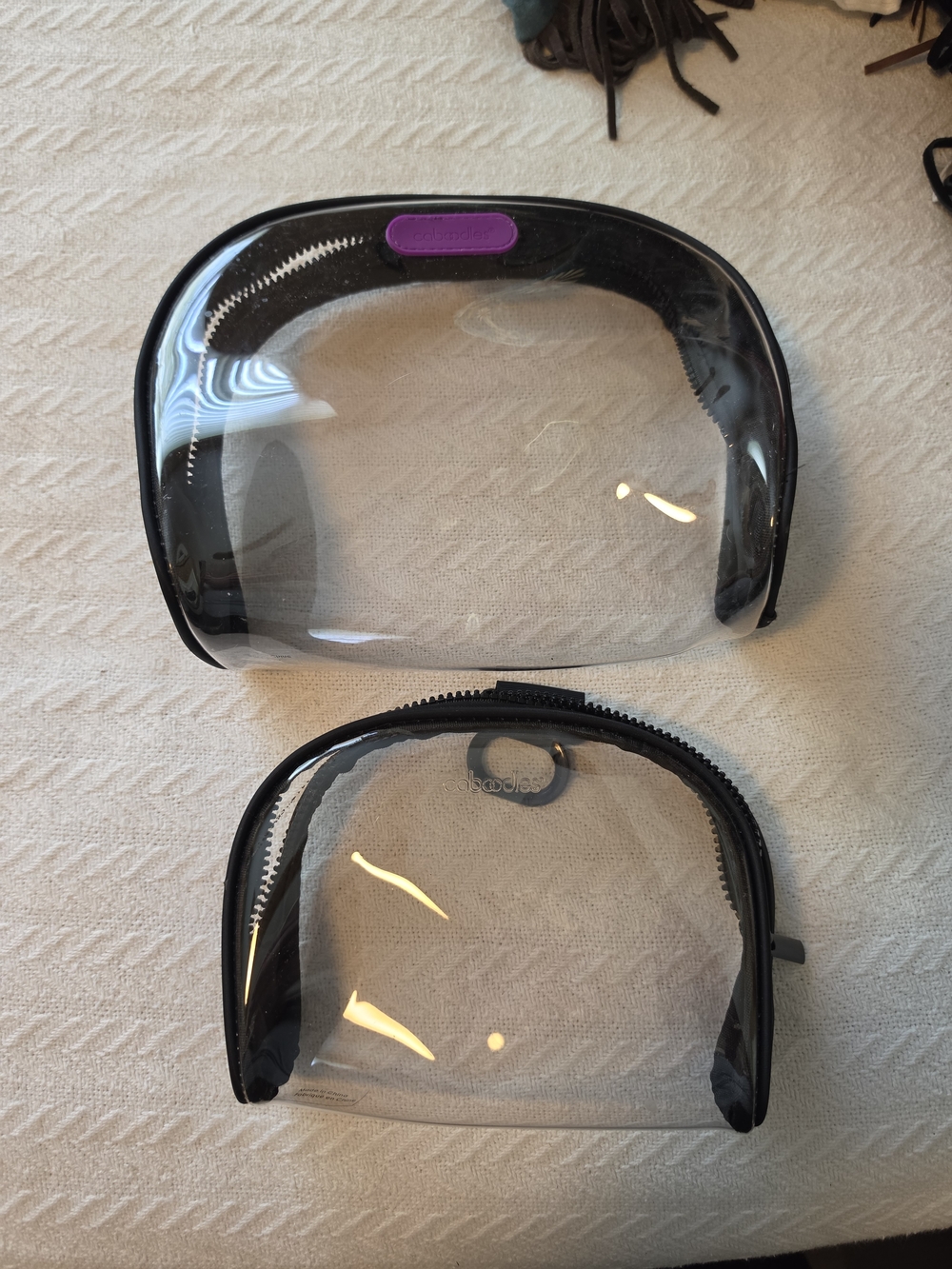 Caboodles Clear Vinyl Cosmetic Pouches with Black Trim and Purple Accent